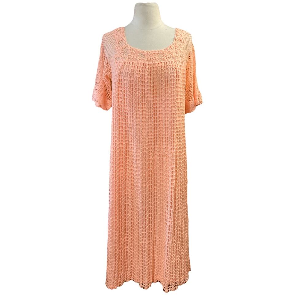 Vintage 70s Crochet Midi Dress Peach Sz M ? Floral 60s Hippie Boho